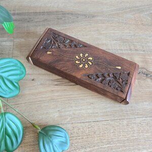Vintage Hand Carved Wooden Jewelry Box w/ Brass Floral Inlay and carved flowers.